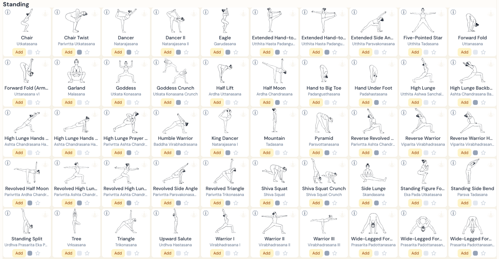 SomaAxis pose library filtered to show standing yoga poses