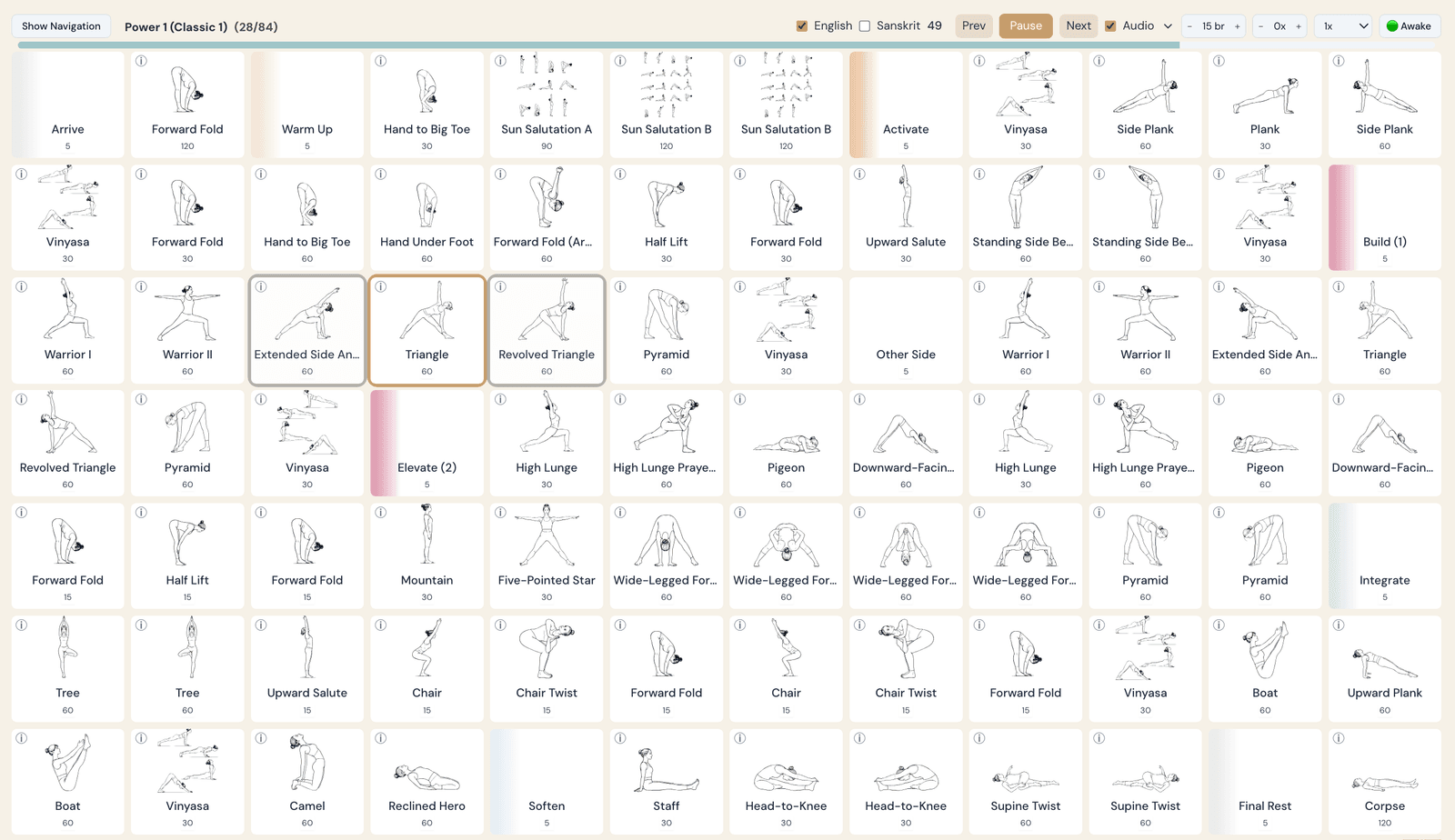 Reviewing a completed yoga sequence in SomaAxis before teaching