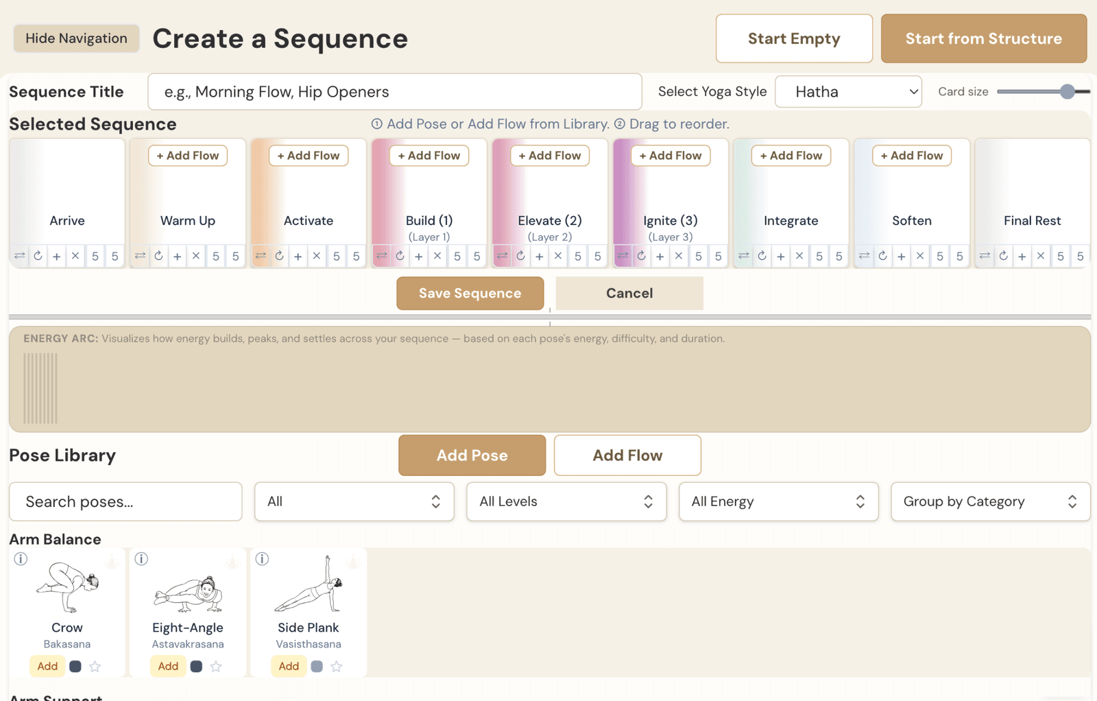 Screenshot of the SomaAxis sequence builder interface, showing pose library and sequence timeline